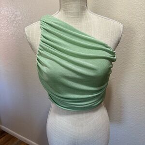 One-Shoulder Ruched Crop Top in Mint Green - Size Medium